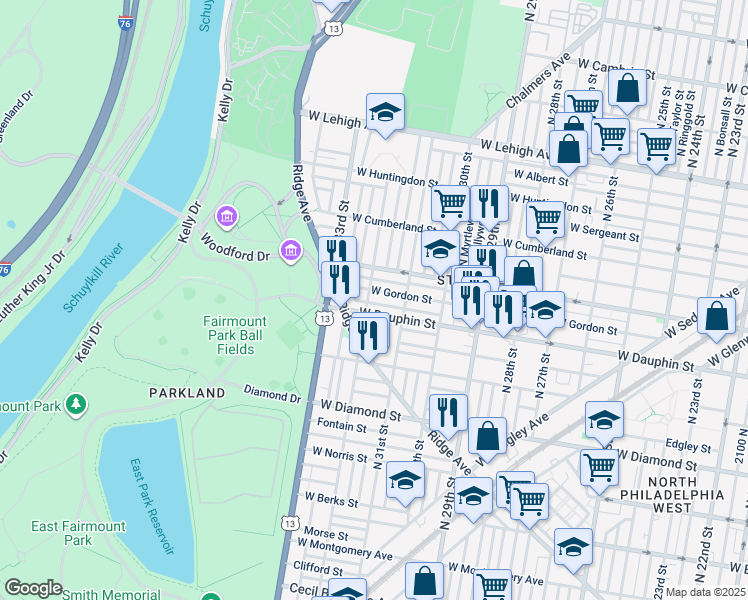 map of restaurants, bars, coffee shops, grocery stores, and more near 3145 West Dakota Street in Philadelphia