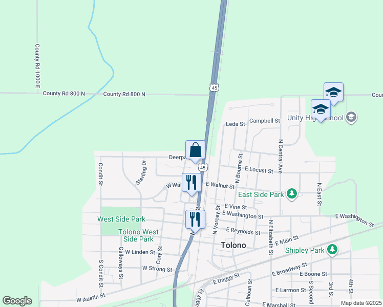 map of restaurants, bars, coffee shops, grocery stores, and more near 210 Deerpath Drive in Tolono