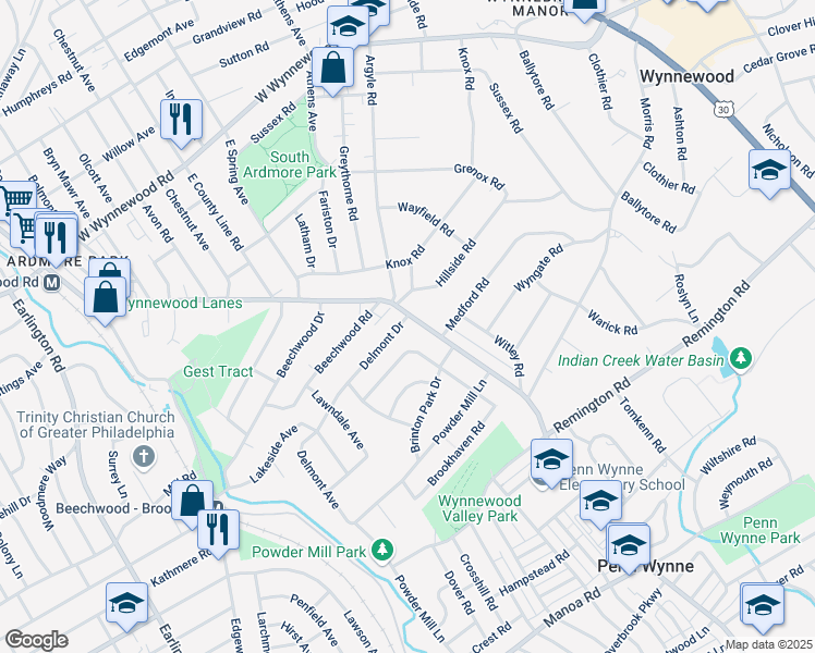 map of restaurants, bars, coffee shops, grocery stores, and more near 514 Haverford Road in Wynnewood