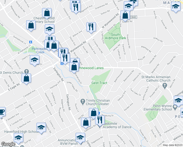 map of restaurants, bars, coffee shops, grocery stores, and more near 2023 Olcott Avenue in Ardmore