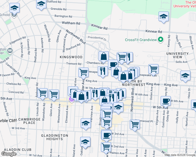 map of restaurants, bars, coffee shops, grocery stores, and more near 1476 King Avenue in Columbus