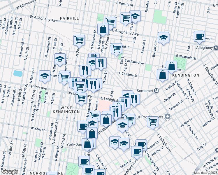 map of restaurants, bars, coffee shops, grocery stores, and more near 38 East Seltzer Street in Philadelphia