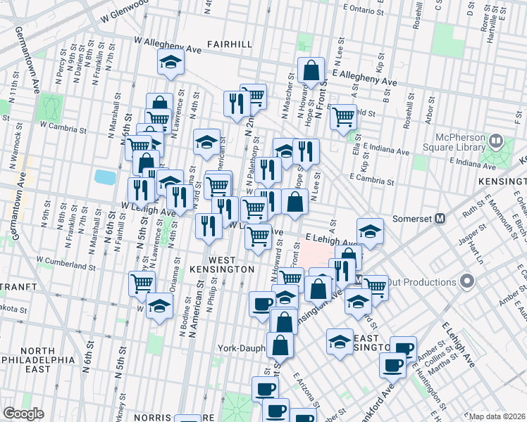 map of restaurants, bars, coffee shops, grocery stores, and more near in Philadelphia