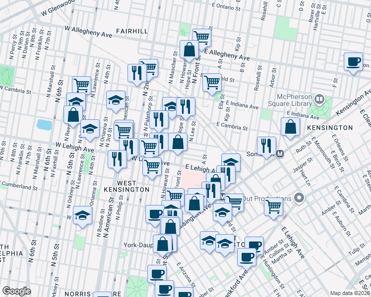 map of restaurants, bars, coffee shops, grocery stores, and more near in Philadelphia