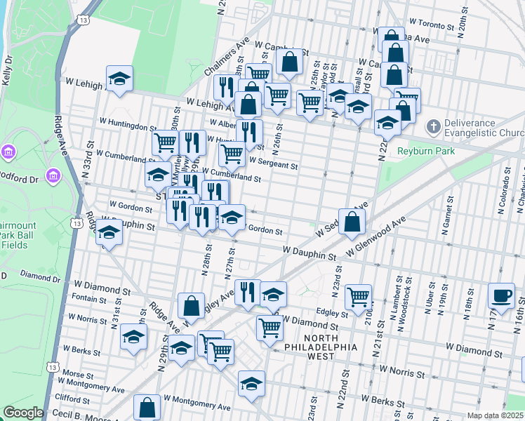 map of restaurants, bars, coffee shops, grocery stores, and more near 2402 North 26th Street in Philadelphia