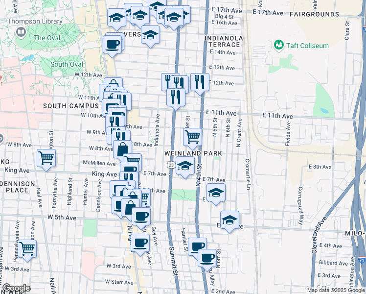 map of restaurants, bars, coffee shops, grocery stores, and more near 1421 Hamlet Street in Columbus