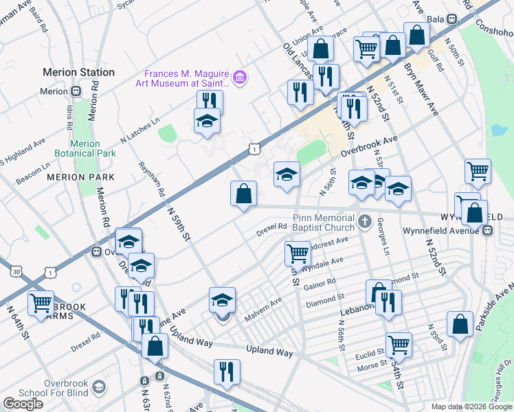 map of restaurants, bars, coffee shops, grocery stores, and more near Saint Joseph's University in Philadelphia
