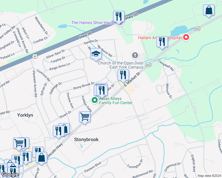 map of restaurants, bars, coffee shops, grocery stores, and more near 3952 Eastgate Drive in York