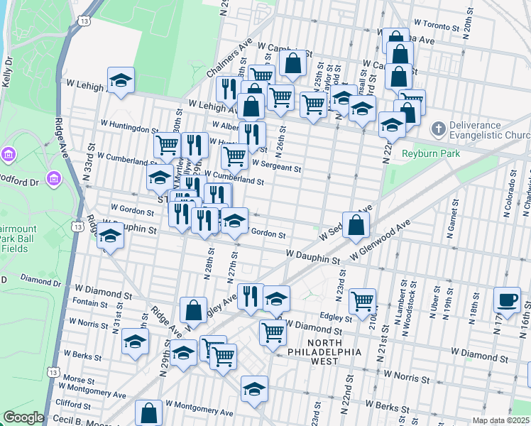 map of restaurants, bars, coffee shops, grocery stores, and more near 2402 North 26th Street in Philadelphia