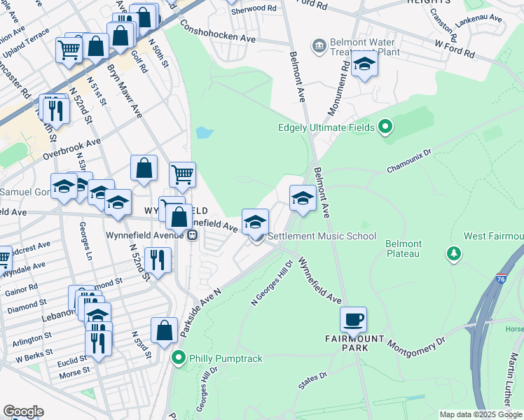map of restaurants, bars, coffee shops, grocery stores, and more near 4913 Monument Road in Philadelphia