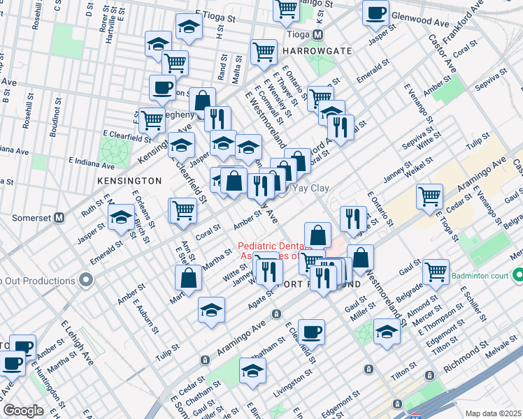 map of restaurants, bars, coffee shops, grocery stores, and more near 2100 East Allegheny Avenue in Philadelphia