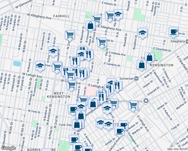 map of restaurants, bars, coffee shops, grocery stores, and more near 28 East Seltzer Street in Philadelphia