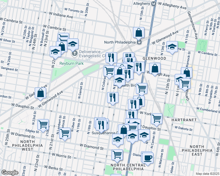 map of restaurants, bars, coffee shops, grocery stores, and more near 2526 North Chadwick Street in Philadelphia