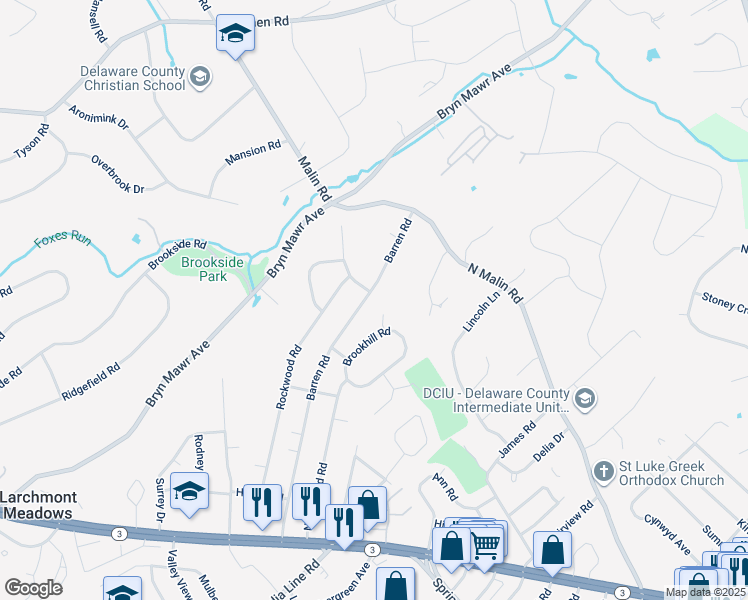 map of restaurants, bars, coffee shops, grocery stores, and more near 141 Barren Road in Newtown Square