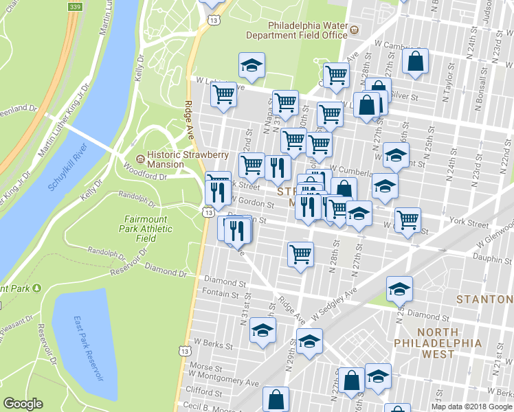 map of restaurants, bars, coffee shops, grocery stores, and more near 3110 West Gordon Street in Philadelphia