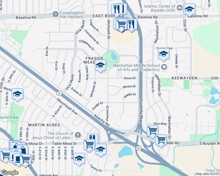 map of restaurants, bars, coffee shops, grocery stores, and more near 4695 Ricara Drive in Boulder