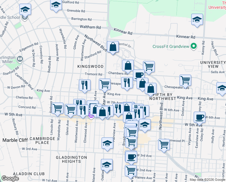 map of restaurants, bars, coffee shops, grocery stores, and more near 1516 King Avenue in Columbus
