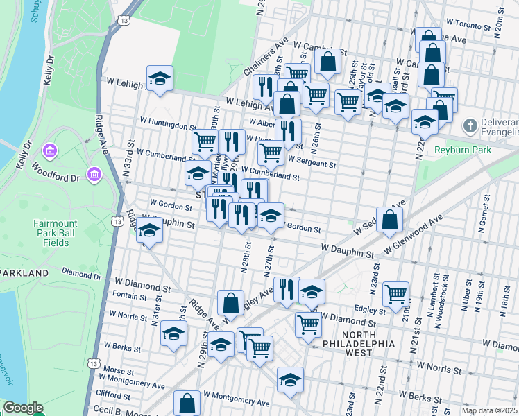 map of restaurants, bars, coffee shops, grocery stores, and more near 2732 West York Street in Philadelphia