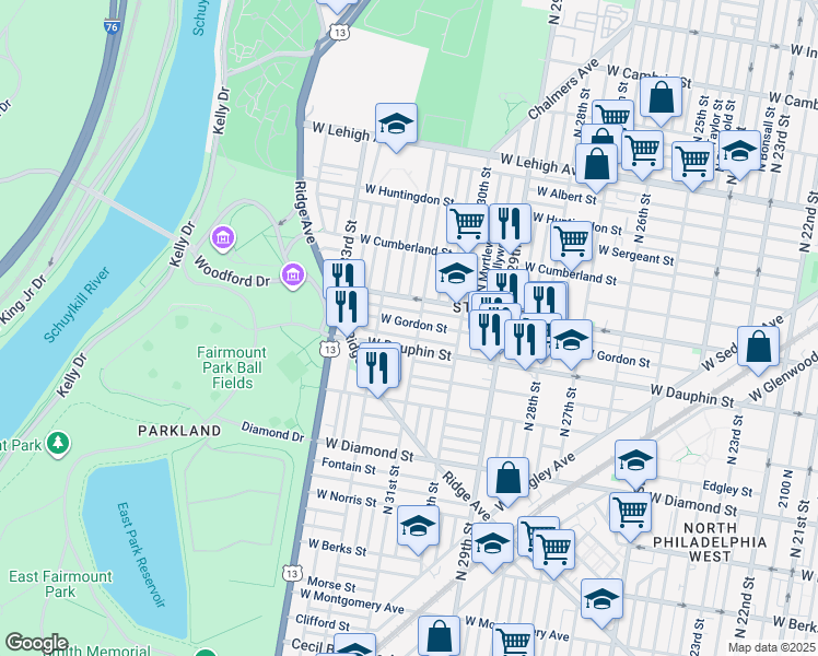 map of restaurants, bars, coffee shops, grocery stores, and more near 3110 West Gordon Street in Philadelphia