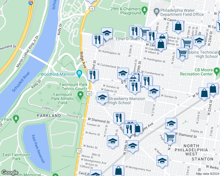 map of restaurants, bars, coffee shops, grocery stores, and more near 3112 West Gordon Street in Philadelphia