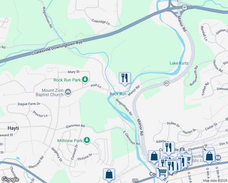 map of restaurants, bars, coffee shops, grocery stores, and more near 1069 Williams Way in Coatesville