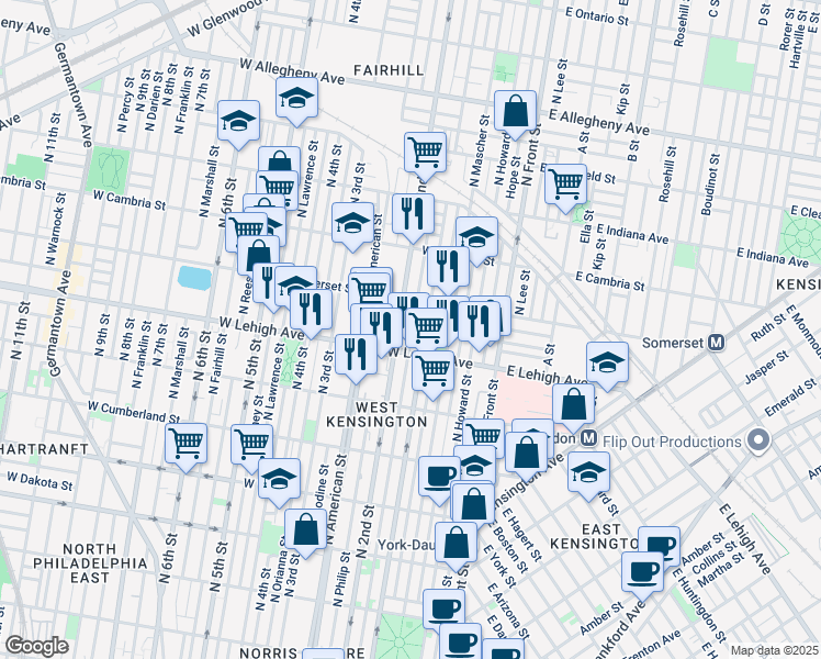 map of restaurants, bars, coffee shops, grocery stores, and more near 2732 North Palethorp Street in Philadelphia