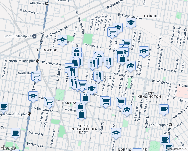 map of restaurants, bars, coffee shops, grocery stores, and more near 2614 North 8th Street in Philadelphia