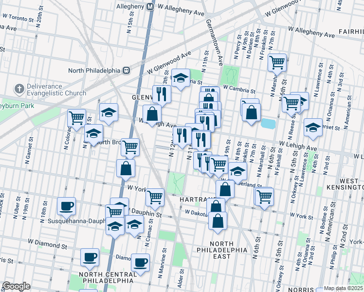 map of restaurants, bars, coffee shops, grocery stores, and more near 2610 North Jessup Street in Philadelphia