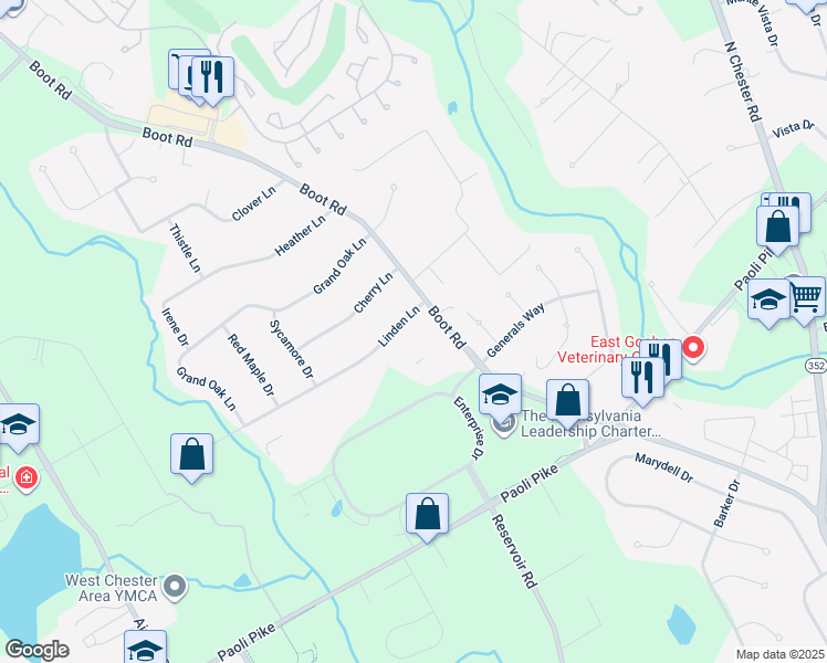 map of restaurants, bars, coffee shops, grocery stores, and more near 1446 Linden Lane in West Chester