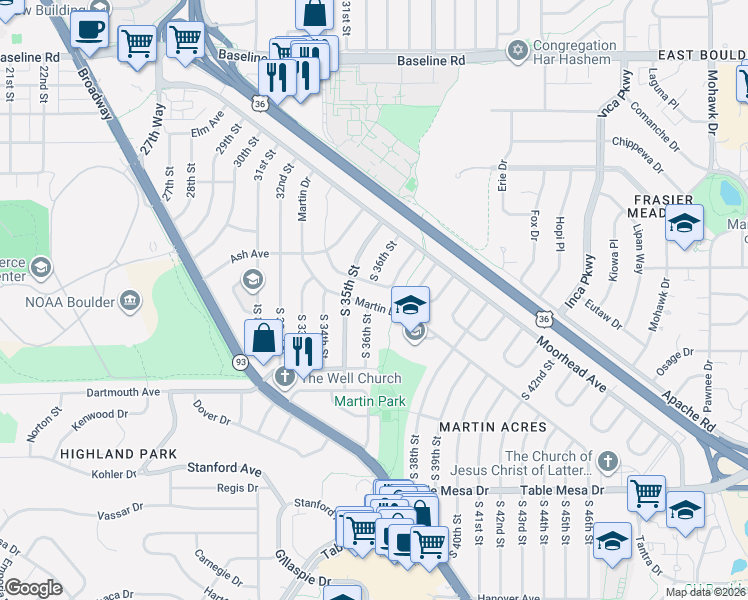 map of restaurants, bars, coffee shops, grocery stores, and more near 3650 Martin Drive in Boulder
