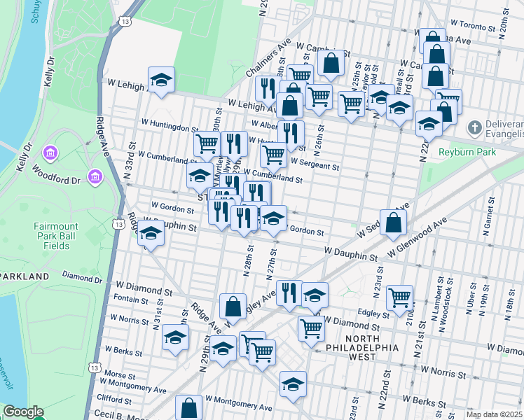 map of restaurants, bars, coffee shops, grocery stores, and more near 2732 West York Street in Philadelphia