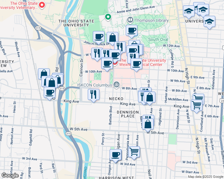 map of restaurants, bars, coffee shops, grocery stores, and more near 405 West 8th Avenue in Columbus