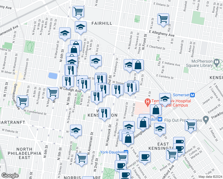map of restaurants, bars, coffee shops, grocery stores, and more near 2732 North Palethorp Street in Philadelphia