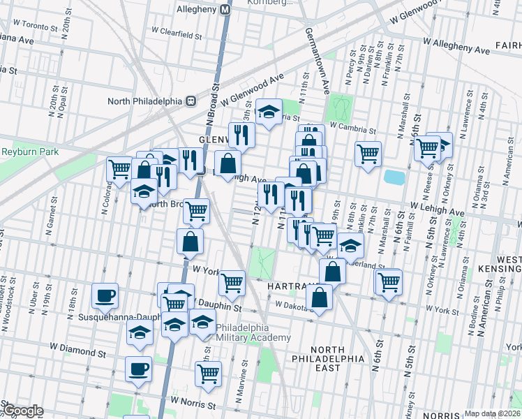 map of restaurants, bars, coffee shops, grocery stores, and more near 2536 North 12th Street in Philadelphia