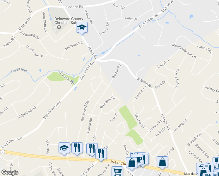 map of restaurants, bars, coffee shops, grocery stores, and more near 141 Barren Road in Newtown Square