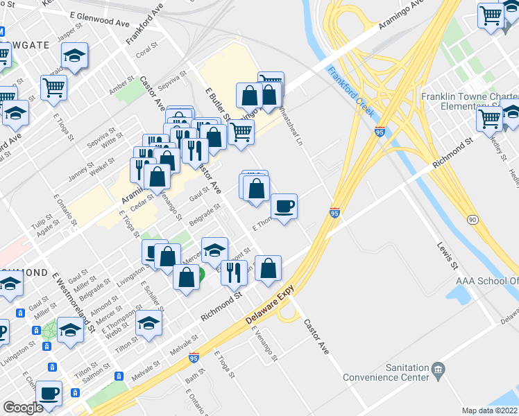 map of restaurants, bars, coffee shops, grocery stores, and more near 12 in Philadelphia