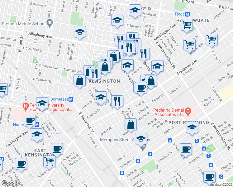 map of restaurants, bars, coffee shops, grocery stores, and more near 1950 East Stella Street in Philadelphia