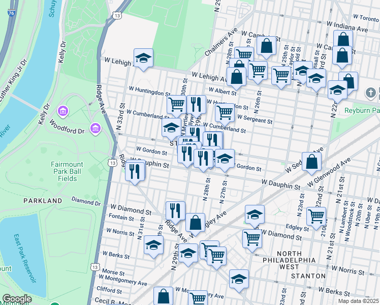 map of restaurants, bars, coffee shops, grocery stores, and more near 2340 North 29th Street in Philadelphia