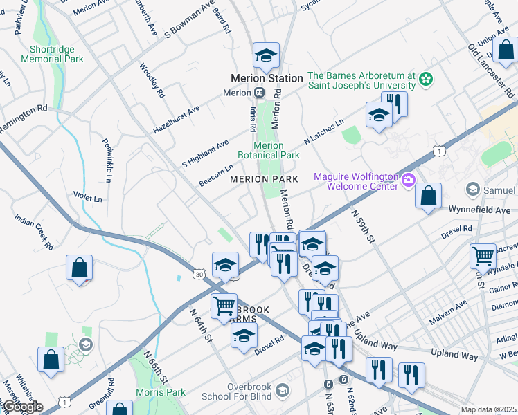 map of restaurants, bars, coffee shops, grocery stores, and more near 55 Merbrook Lane in Merion Station