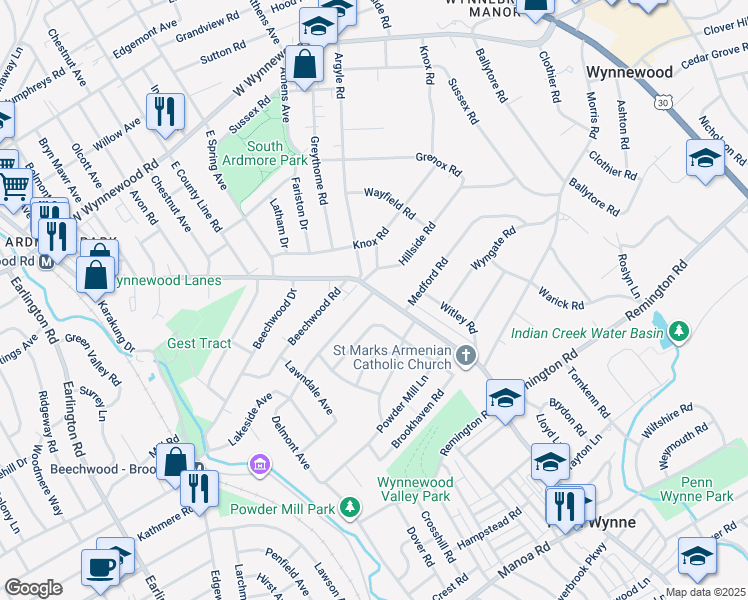 map of restaurants, bars, coffee shops, grocery stores, and more near 514 Haverford Road in Wynnewood