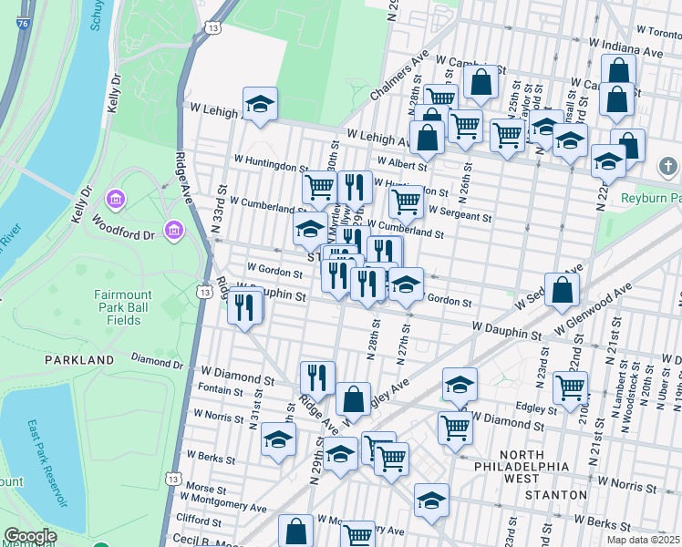 map of restaurants, bars, coffee shops, grocery stores, and more near 2340 North 29th Street in Philadelphia