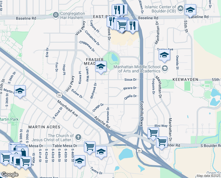 map of restaurants, bars, coffee shops, grocery stores, and more near 4695 Ricara Drive in Boulder