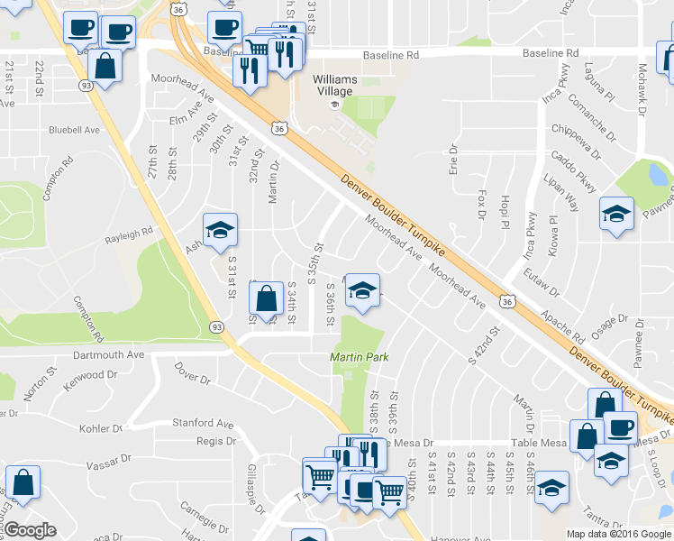 map of restaurants, bars, coffee shops, grocery stores, and more near 3650 Martin Drive in Boulder