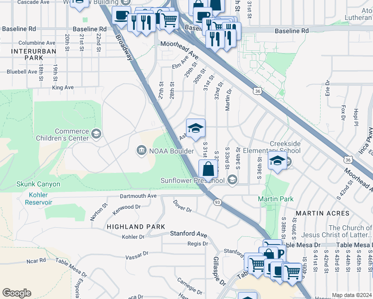 map of restaurants, bars, coffee shops, grocery stores, and more near 60 South Lashley Lane in Boulder