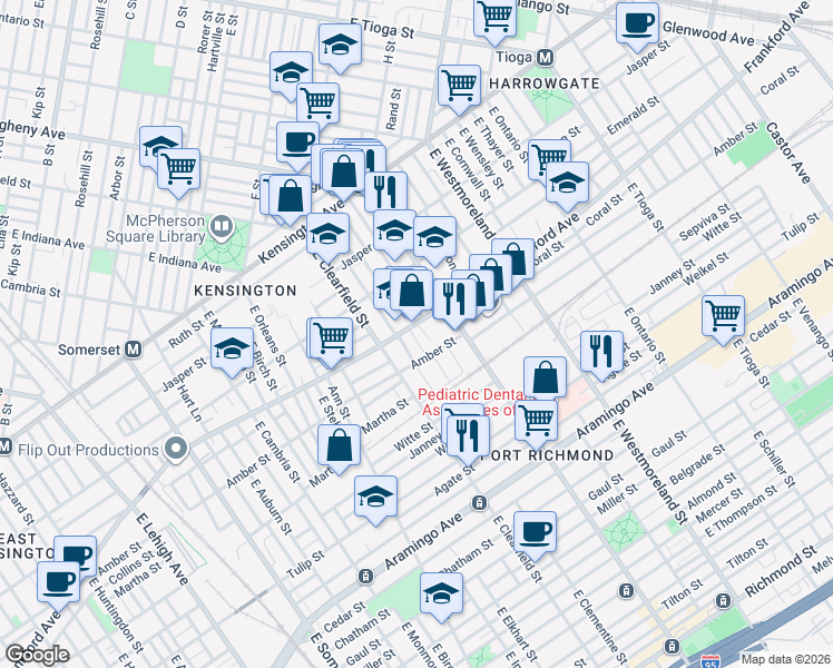 map of restaurants, bars, coffee shops, grocery stores, and more near 2083 East Lippincott Street in Philadelphia