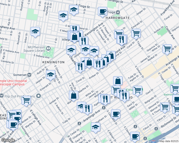 map of restaurants, bars, coffee shops, grocery stores, and more near 2083 East Lippincott Street in Philadelphia