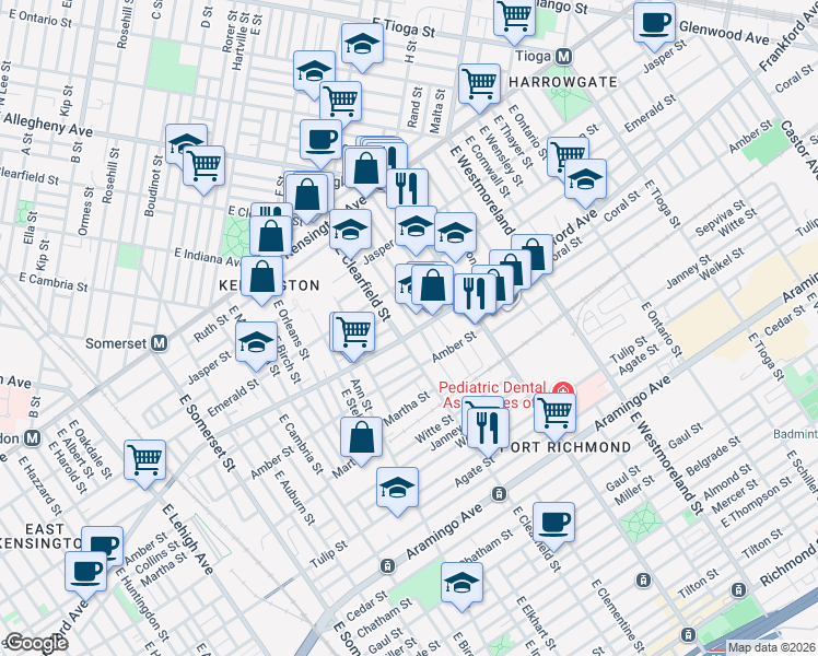 map of restaurants, bars, coffee shops, grocery stores, and more near 2063 East Clearfield Street in Philadelphia
