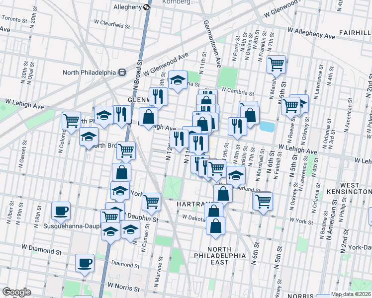 map of restaurants, bars, coffee shops, grocery stores, and more near 1112 West Huntingdon Street in Philadelphia