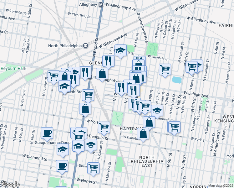 map of restaurants, bars, coffee shops, grocery stores, and more near 2536 North 12th Street in Philadelphia