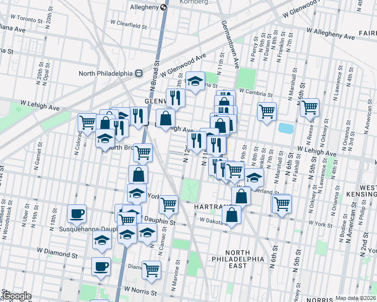map of restaurants, bars, coffee shops, grocery stores, and more near 2536 North 12th Street in Philadelphia